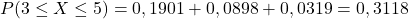 P(3\leq{X}\leq5)=0,1901+0,0898+0,0319=0,3118