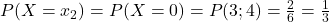 P(X=x_2)=P(X=0)=P(3;4})=\frac{2}{6}=\frac{1}{3}