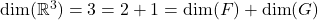\mathrm{dim}(\mathbb{R}^3)=3=2+1=\mathrm{dim}(F)+\mathrm{dim}(G)