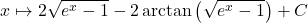 \displaystyle x\mapsto 2\sqrt{e^x-1}-2\arctan\left(\sqrt{e^x-1}\right)+ C