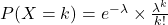 P(X=k)=e^{-\lambda}\times\frac{\lambda^k}{k!}