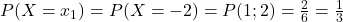 P(X=x_1)=P(X=-2)=P({1;2})=\frac{2}{6}=\frac{1}{3}
