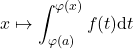 \displaystyle{x\mapsto\int_{\varphi(a)}^{\varphi(x)} f(t)\mathrm{d}t}