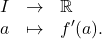 \[\begin{array}[t]{lll} I & \to & \mathbb{R}\\ a & \mapsto & f'(a). \end{array}\]