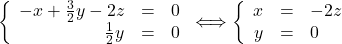 \left \{    \begin{array}{r c l}       -x + \frac{3}{2}y - 2z & = & 0 \\       \frac{1}{2}y & = & 0    \end{array} \right \Longleftrightarrow \left \{    \begin{array}{r c l}       x & = & -2z \\       y & = & 0    \end{array} \right