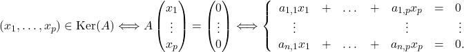 \[(x_1,\dots,x_p) \in \mathrm{Ker}(A)  \Longleftrightarrow  A \begin{pmatrix} x_1\\\vdots\\x_p \end{pmatrix}=\begin{pmatrix} 0\\\vdots\\0 \end{pmatrix} 	 \Longleftrightarrow  	 	\left\lbrace 		\begin{array}{cccccccc} 		a_{1,1} x_1 &+& \dots &+& a_{1,p} x_p&=&0\phantom{.}\\ 		\vdots&&&&\vdots&&\vdots\\ 		a_{n,1} x_1 &+& \dots &+& a_{n,p} x_p&=&0.\\ 		\end{array}\right.\]