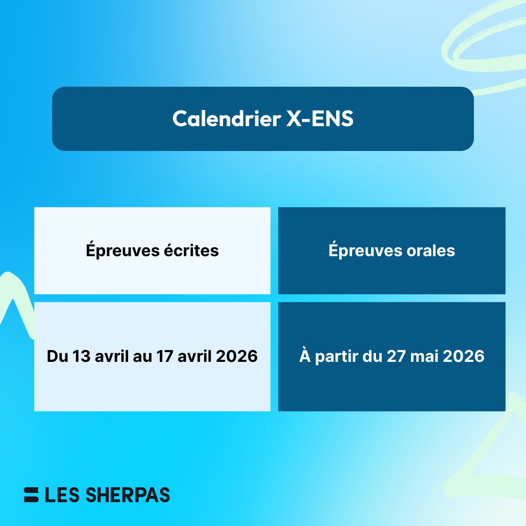Calendrier X-ENS :
Épreuves écrites du 13 avril au 17 avril 2026 et épreuves orales à partir du 27 mai 2026