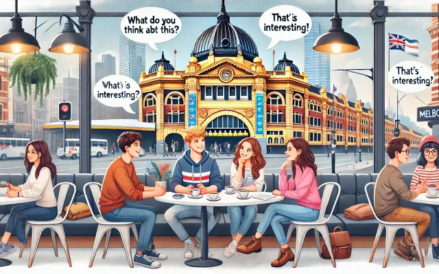 Groupe de jeunes discutant en anglais dans un café avec vue sur la gare de Flinders Street à Melbourne