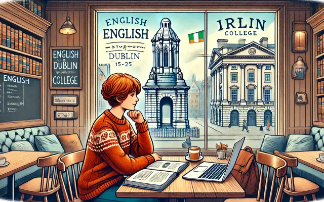 Jeune femme étudiant l'anglais dans un café à Dublin avec des livres et un ordinateur portable