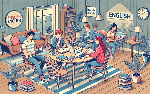 Un groupe de jeunes étudiants étudiant l'anglais dans un salon aménagé en salle d'étude