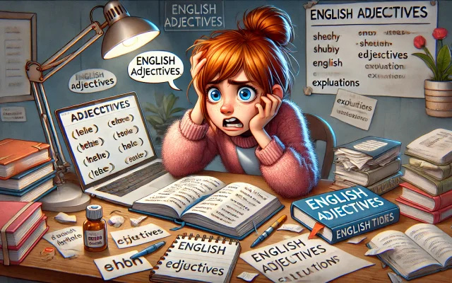 Jeune femme stressée étudiant les synonymes anglais des adjectifs à son bureau