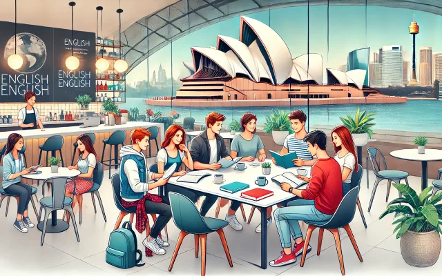 Des étudiants prépare leur test Bright dans un café lumineux avec vue sur l'Opéra de Sydney