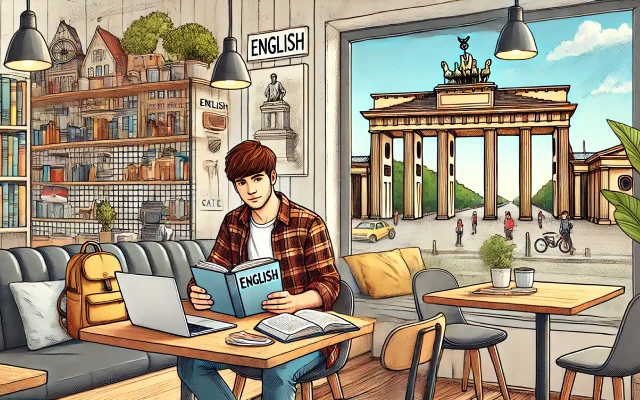 Dessin d'un jeune homme étudiant l'anglais dans un café confortable à Berlin avec vue sur la Porte de Brandebourg