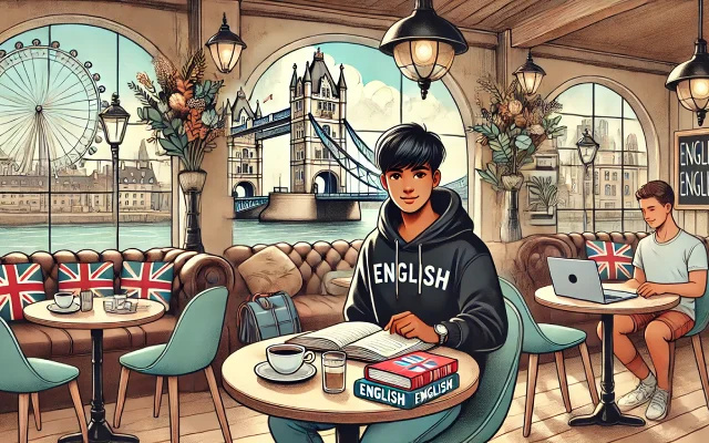 Jeune homme étudiant l'anglais dans un café à Londres avec vue sur le Tower Bridge, entouré de livres et de notes sur le COI en anglais