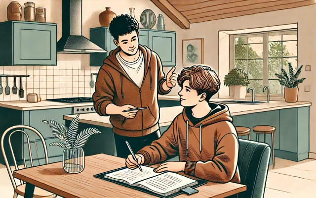 Deux jeunes hommes qui converse dans une cuisine