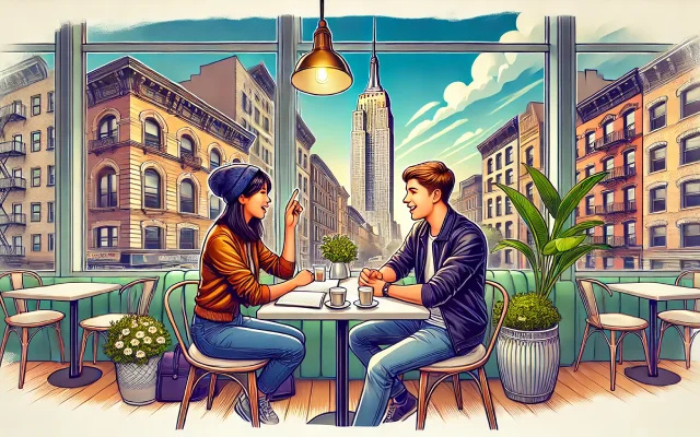 Un couple qui discute dans un café devant l'Empire State Bulding