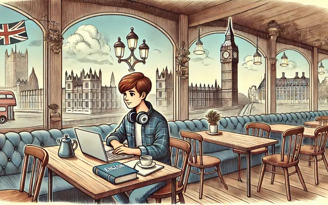 Un jeune homme étudiant les expressions courantes en anglais dans un café à Londres, avec une vue sur Big Ben