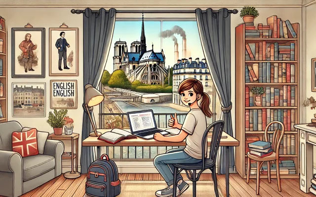 Jeune femme étudiant l'anglais dans une chambre confortable à Paris, avec vue sur la cathédrale Notre-Dame