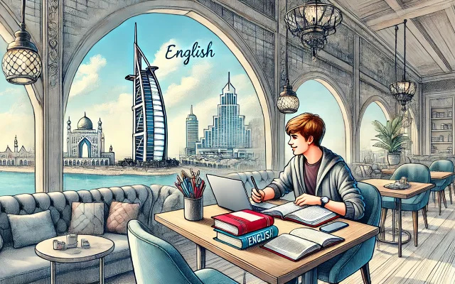 Jeune homme étudiant l'anglais dans un café élégant à Dubaï, avec vue sur le Burj Al Arab et des gratte-ciels modernes