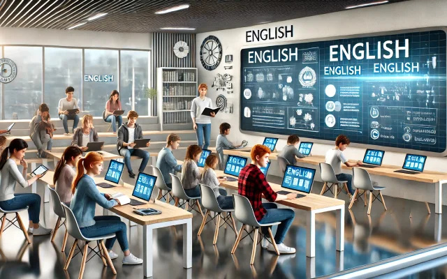 Étudiants apprenant l'anglais dans une classe moderne, concentrés future continuous