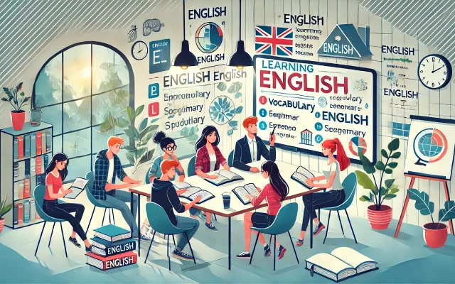 Groupe d'étudiants apprenant l'anglais dans une salle de classe moderne