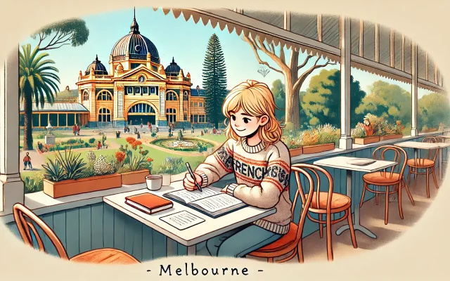 Une jeune fille étudiant les faux amis dans un café à Melbourne, avec une vue sur le Royal Exhibition Building et ses jardins