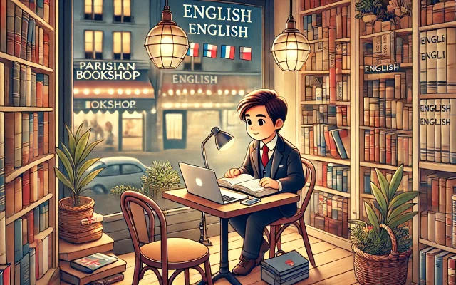 Un homme qui apprend l'anglais entouré de livre