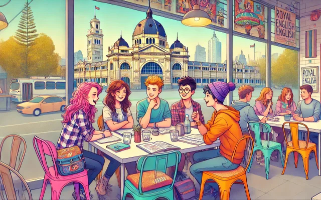 Cinq jeunes étudiants discutant des cours d'anglais dans un café à Melbourne, avec vue sur le Royal Exhibition Building