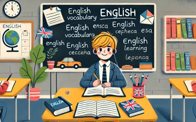 Une garçon blond apprend l'anglais en classe