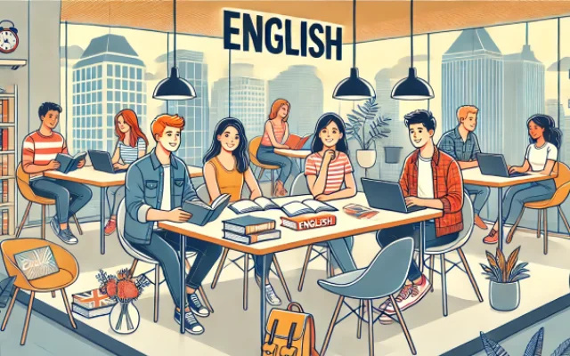 Groupe de jeunes adultes étudiant l'anglais dans un espace de co-working moderne