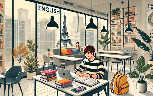 Jeune homme étudiant l'anglais dans une salle de classe moderne à Paris, avec une vue sur la Tour Eiffel