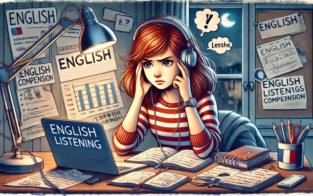 Une jeune femme concentrée écoute un podcast pour apprendre l'anglais