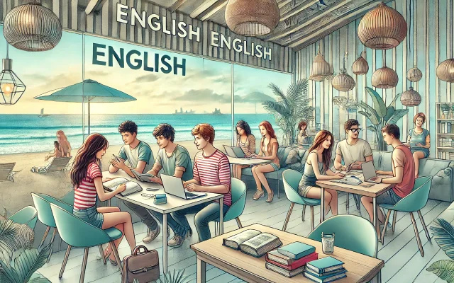 Étudiants en train d'étudier l'anglais dans un café en bord de mer