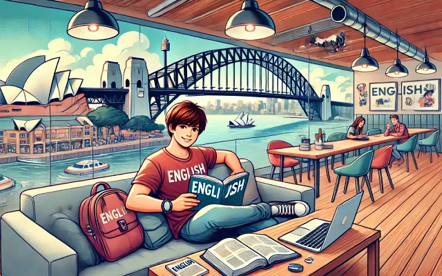 Jeune homme étudiant l'anglais dans un café moderne avec vue sur le Sydney Harbour Bridge et l'Opéra de Sydney