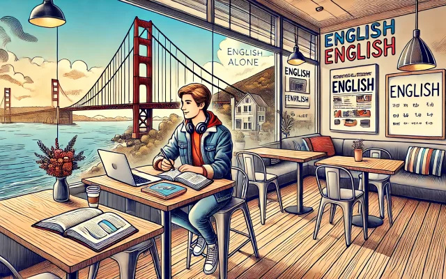 Un jeune homme assis dans un café moderne avec une vue spectaculaire sur le pont du Golden Gate à San Francisco