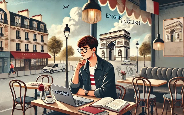 Un jeune homme étudiant l'anglais dans un café parisien avec vue sur l'Arc de Triomphe