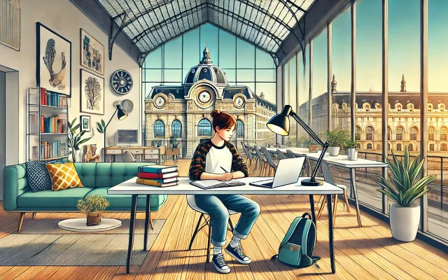 Jeune femme étudiant dans un espace de travail moderne avec vue sur le musée d'Orsay à Paris