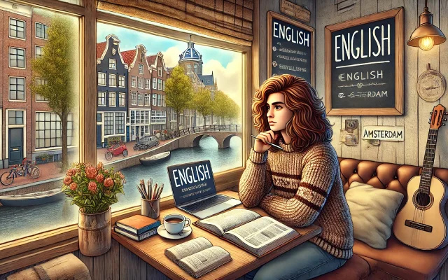 Jeune femme étudiant l'anglais dans un café avec vue sur un canal d'Amsterdam