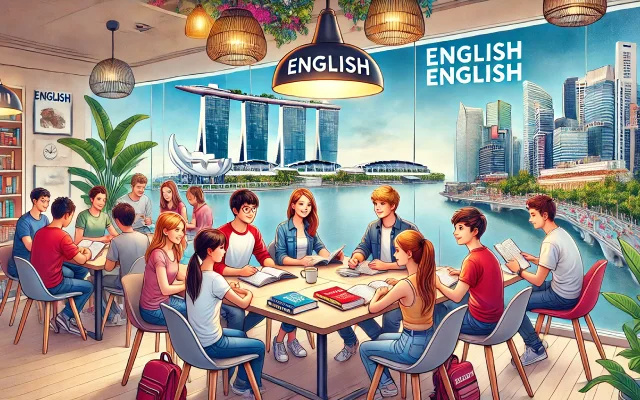 Quelques étudiants apprenant l'anglais dans une salle de classe moderne à Singapour, avec vue sur Marina Bay Sands