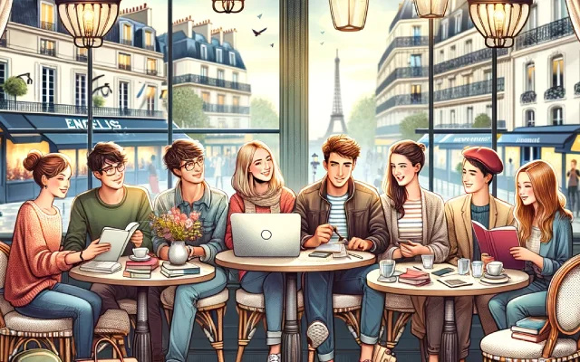 Groupe de jeunes adultes étudiant ensemble dans un café parisien avec vue sur la Tour Eiffel