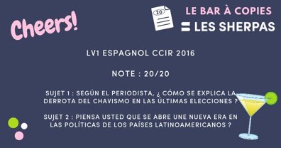 Corrigé de LV1 Espagnol CCIR 2016 noté 20/20 