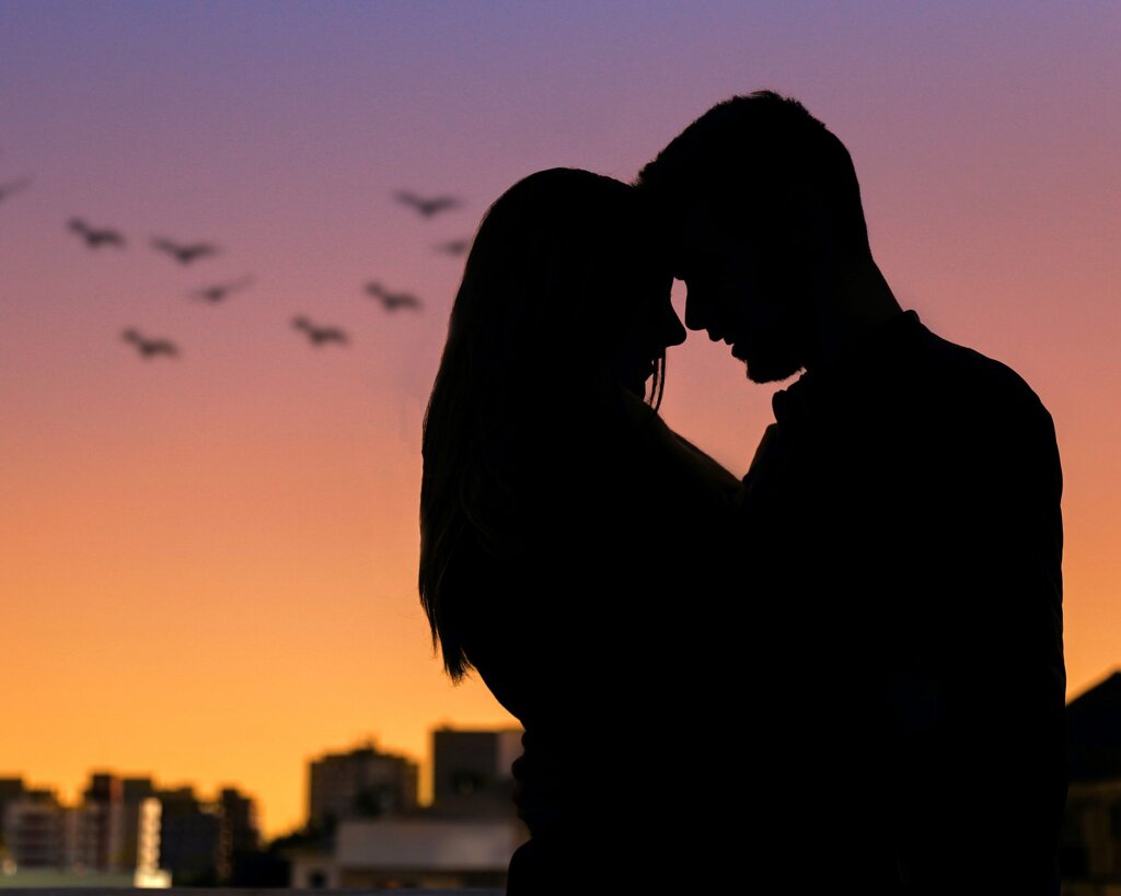 Deux amoureux s'enlacent devant un coucher de soleil.