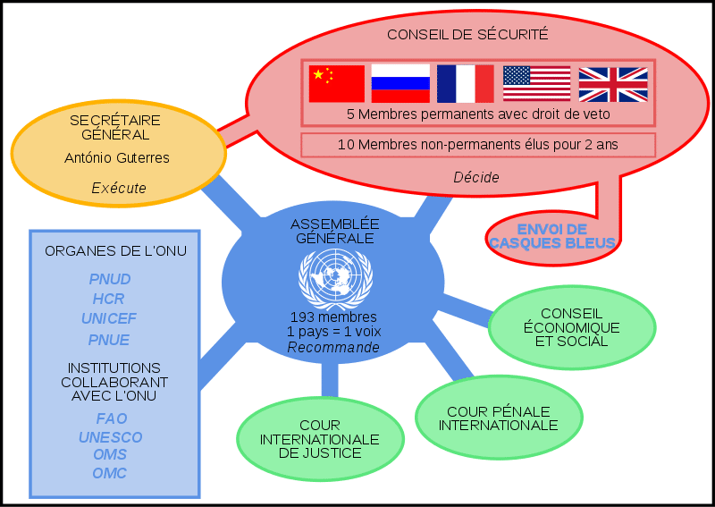 Plan d'organisation de l'ONU avec le Conseil de sécurité, le secrétaire général, l'assemblée générale, le conseil économique et social, la cour internationale de justice, la cour pénale internationale, les organes de l'ONU et les institutions qui collabore avec l'ONU.