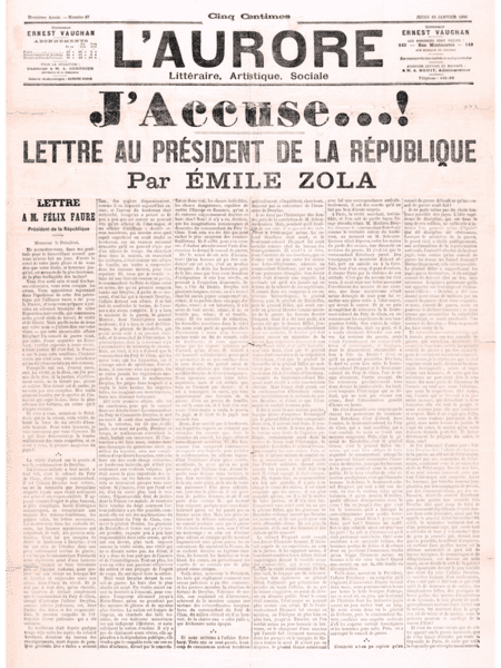 Article du journal « l'Aurore » où il y a la lettre ouverte « J'accuse » de Zola. 