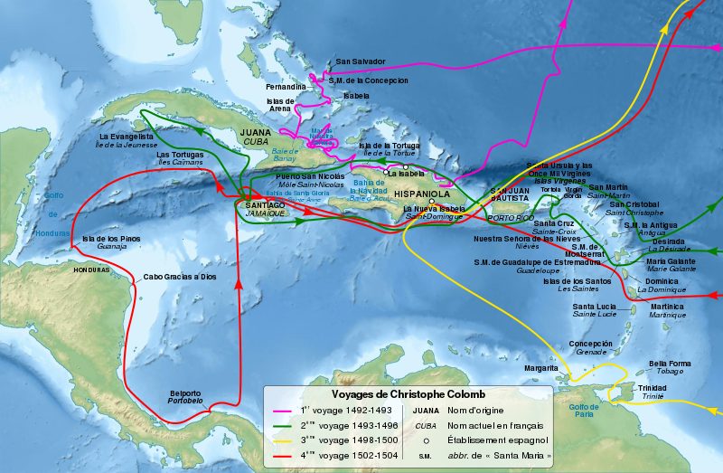 Carte montrant les voyages de Christophe  Colomb.