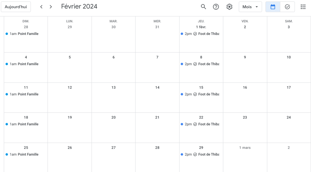Le calendrier de Google Agenda.