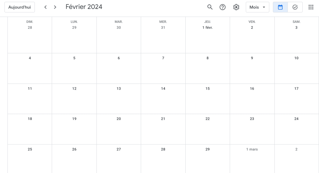 Le calendrier vierge de Google Agenda.