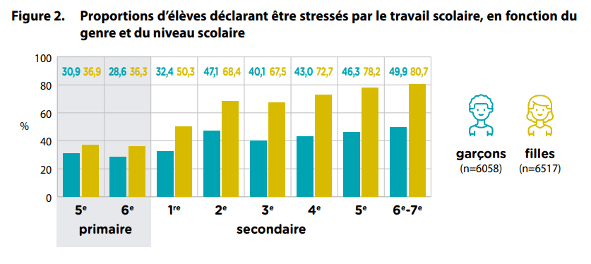 graphique : pourcentage des élèves stressés en fonction du genre et du niveau scolaire