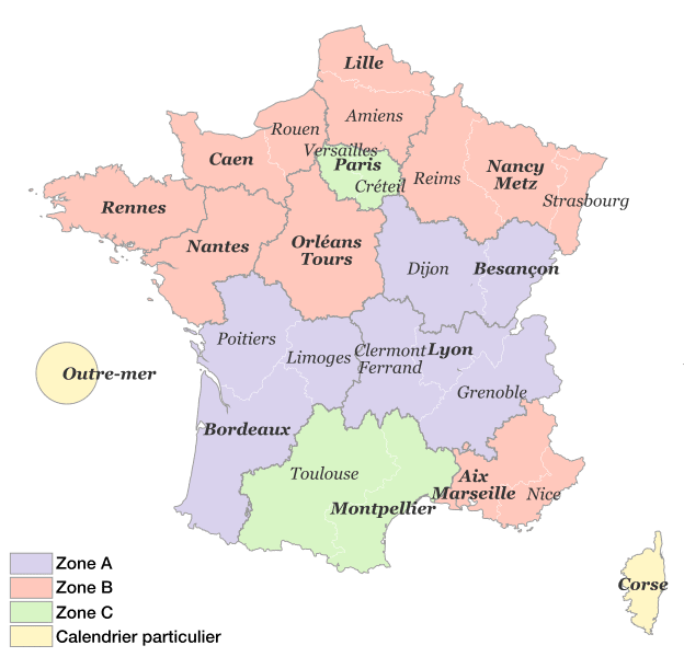 Carte des 3 zones scolaires (A, B et C) en France. 