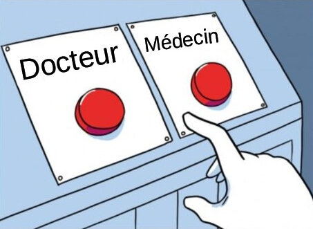 Un homme hésite entre le mot docteur et médecin.